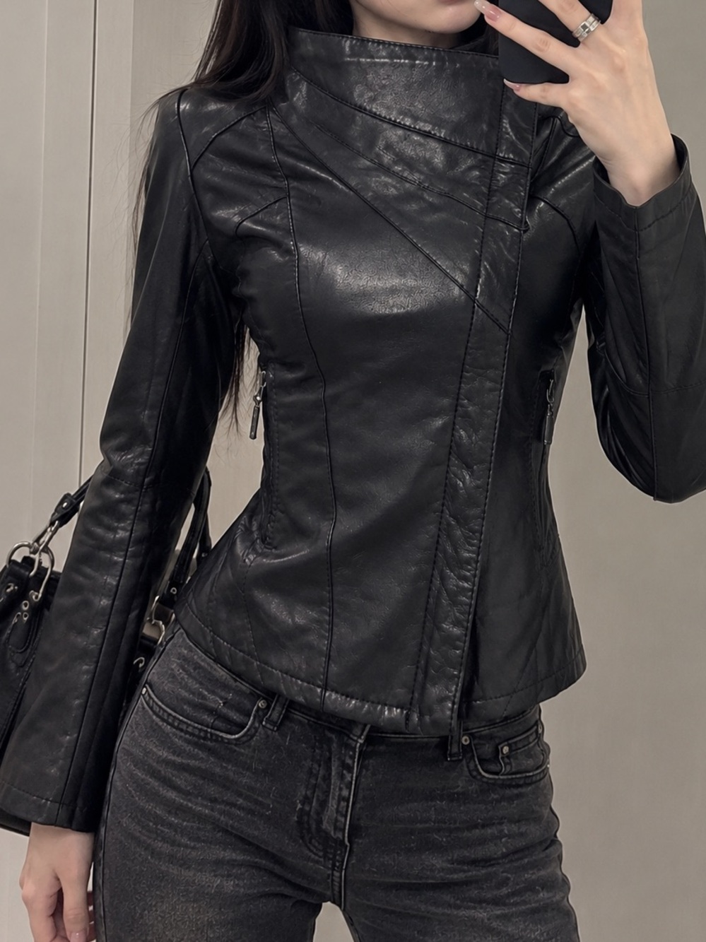 Vintage VERO MODA Black Lamb Leather Avant Garde Asymmetric High Collar Jacket